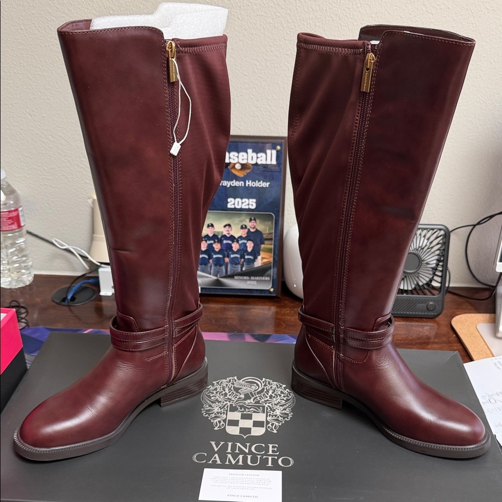 New Vince Camuto Wide Calf Leather Riding Boots, Rich Mahogany, Women's 6.5W